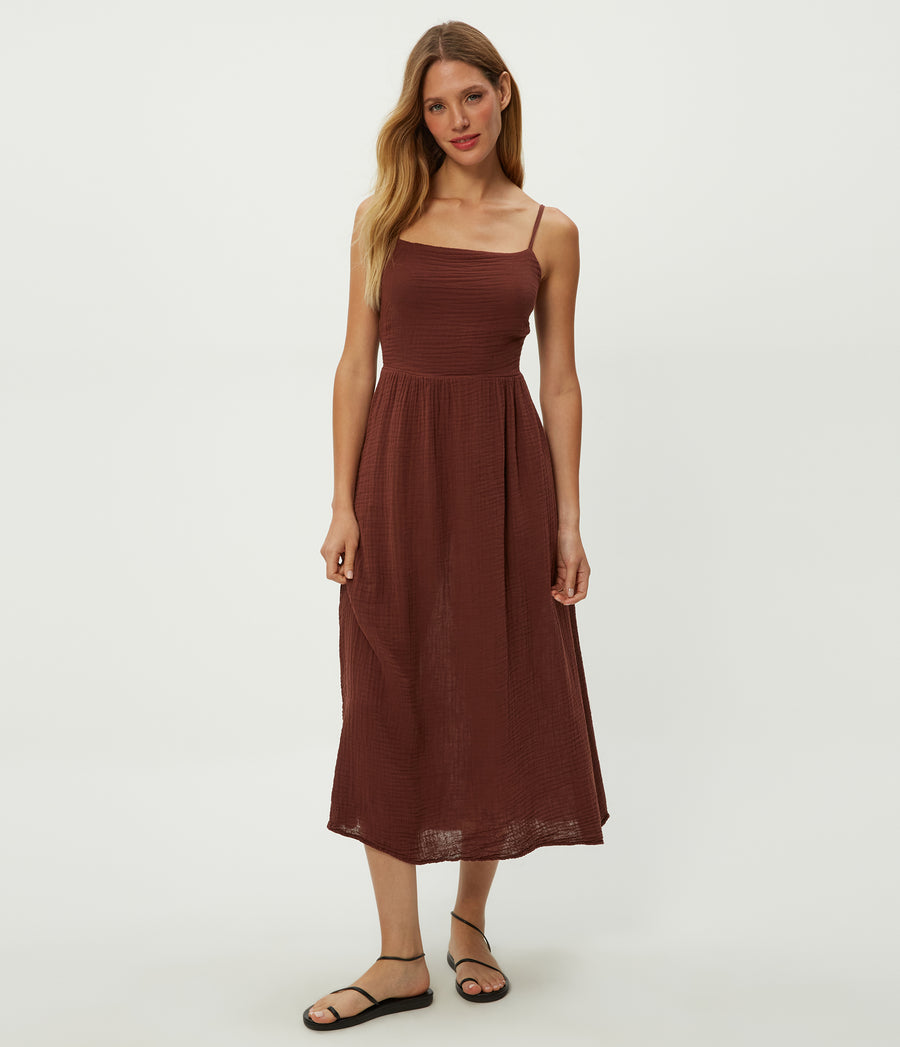Allora Gauze Dress in ESPRESSO Brown Close Up View #ESPRESSO