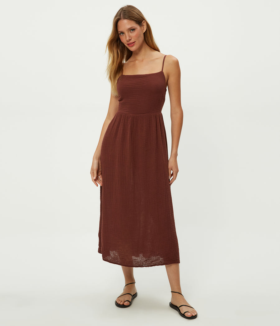 Allora Gauze Dress in ESPRESSO Brown Full Body View #ESPRESSO