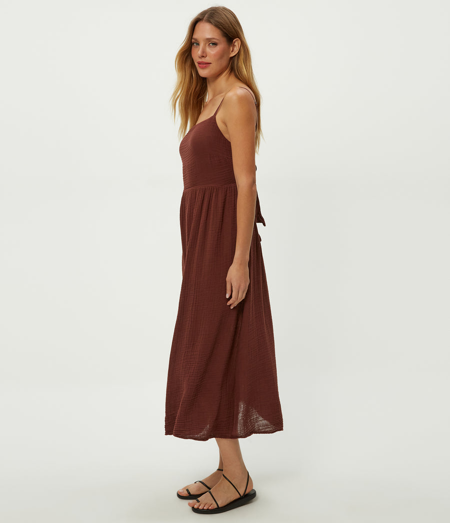 Allora Gauze Dress in ESPRESSO Brown Side View #ESPRESSO
