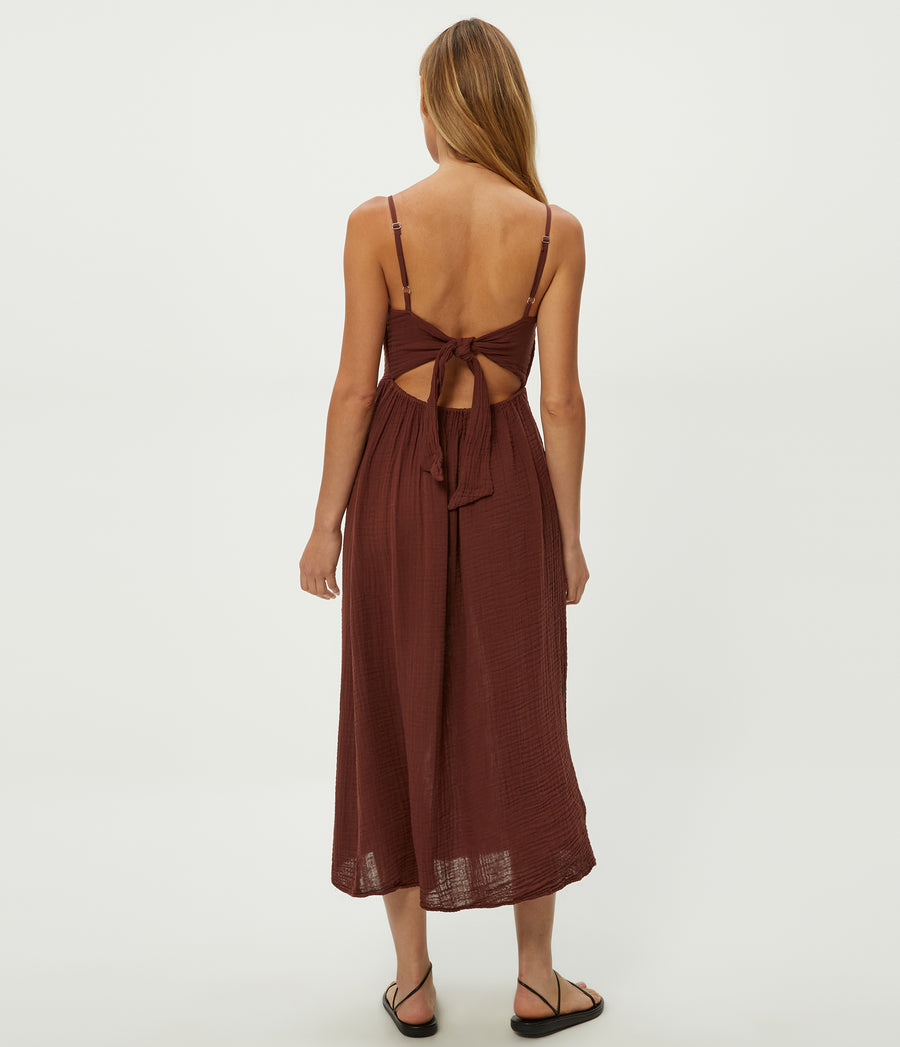 Allora Gauze Dress in ESPRESSO Brown Back View #ESPRESSO