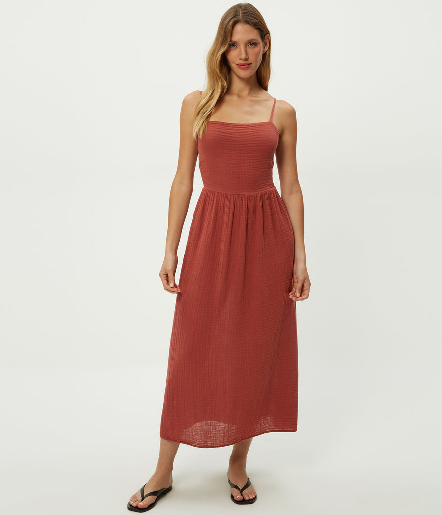 Allora Gauze Dress in MUSE ORANGE Combo Full Body View #MUSE