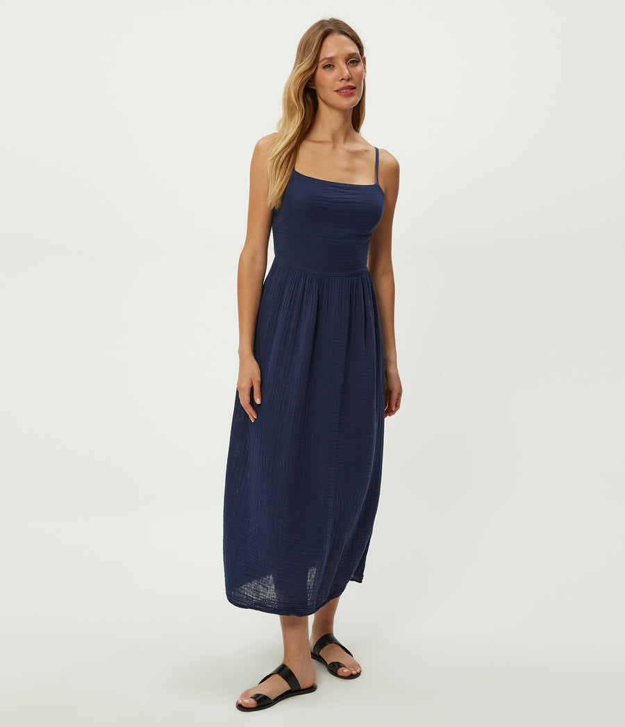 Allora Gauze Dress in Nocturnal Blue Close Up View #NOCTURNAL