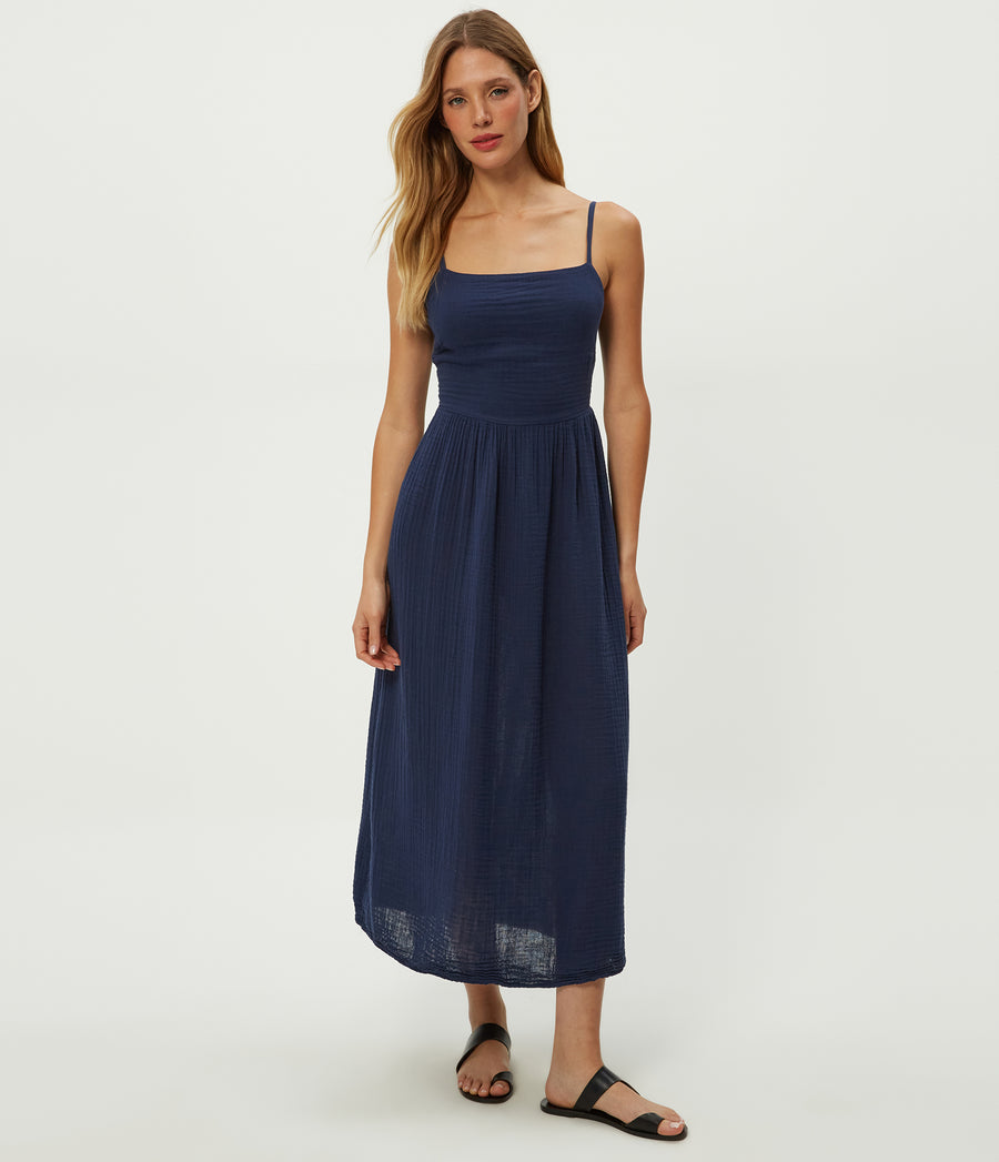 Allora Gauze Dress in Nocturnal Blue Full Body View #NOCTURNAL