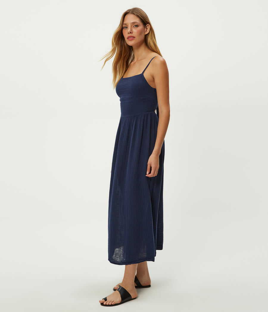 Allora Gauze Dress in Nocturnal Blue Side View #NOCTURNAL