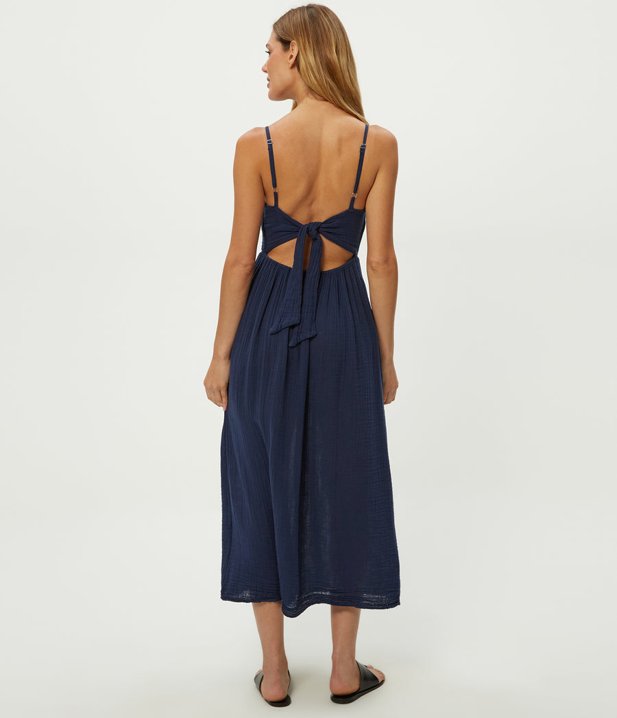 Allora Gauze Dress in Nocturnal Blue Back View #NOCTURNAL