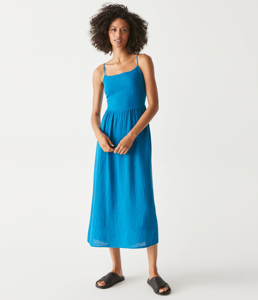 Allora Gauze Dress in Pacific Blue Full Body View #PACIFIC
