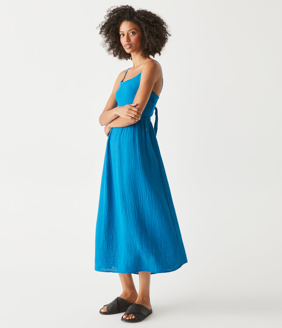 Allora Gauze Dress in Pacific Blue Side View #PACIFIC