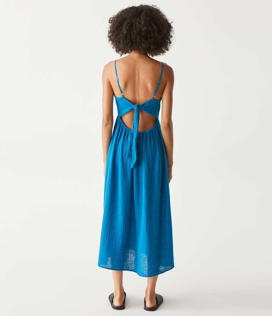 Allora Gauze Dress in Pacific Blue Back View #PACIFIC