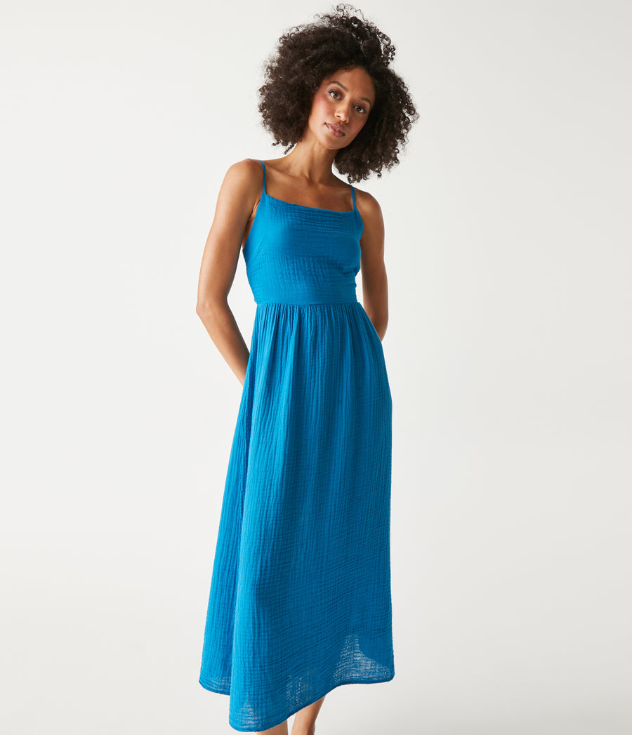 Allora Gauze Dress in Pacific Blue Close Up View #PACIFIC