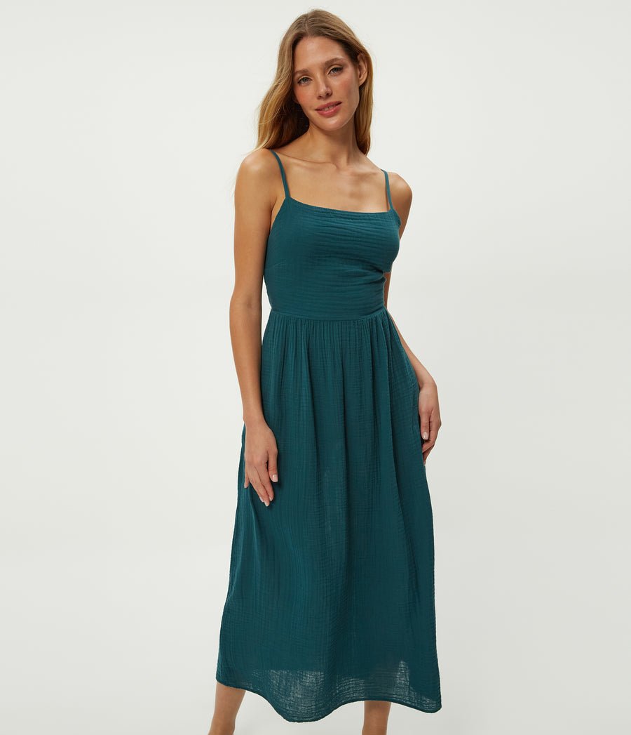 Allora Gauze Dress in RAINFOREST BLUE Combo Close up View #RAINFOREST