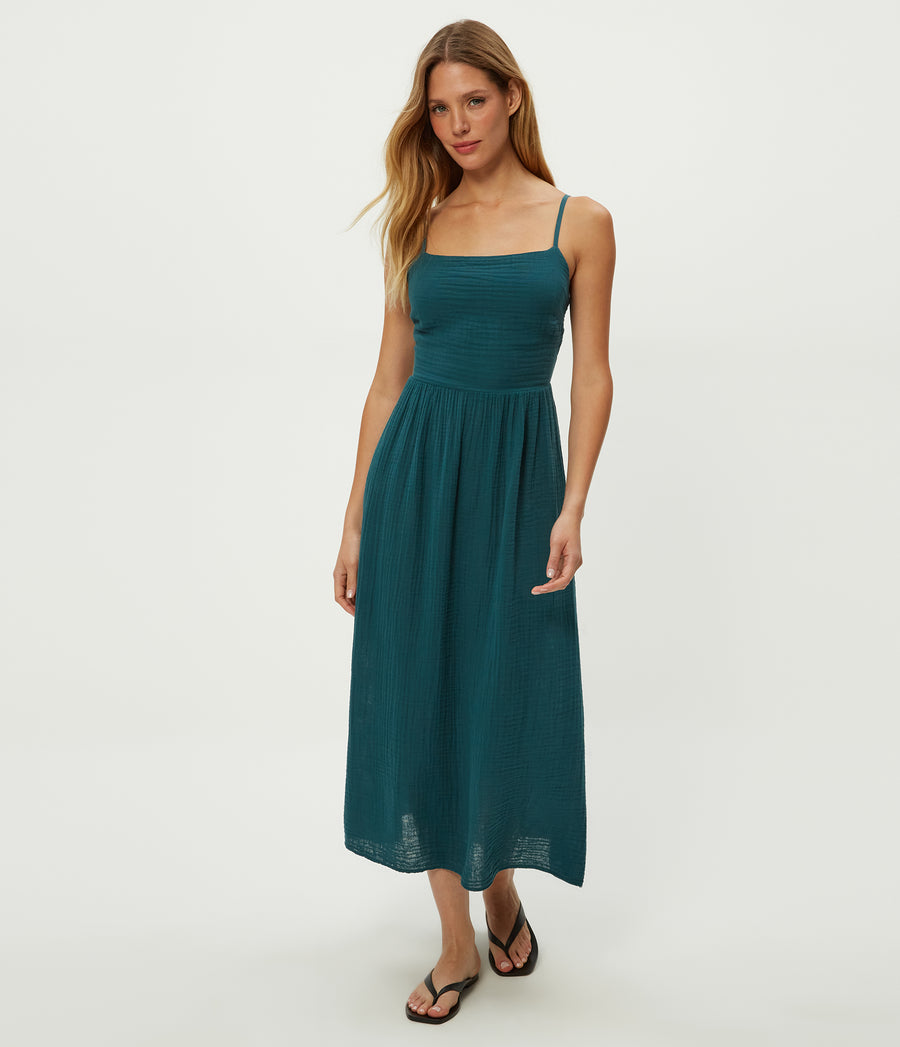 Allora Gauze Dress in RAINFOREST BLUE Combo Full Body View #RAINFOREST