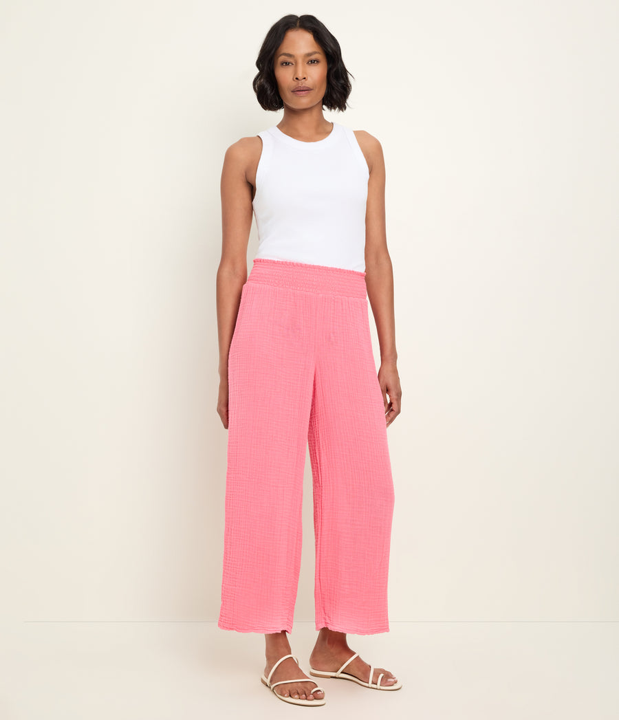 Medina Cropped Gauze Pant in Dragonfruit Pink Full Body View #DRAGONFRUIT