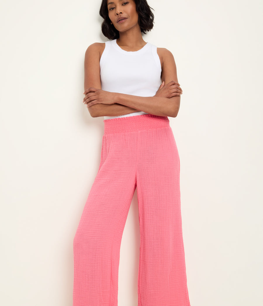 Medina Cropped Gauze Pant in Dragonfruit Pink Cloze Up View #DRAGONFRUIT