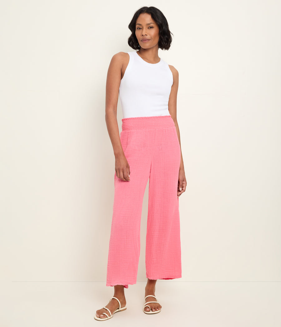 Medina Cropped Gauze Pant in Dragonfruit Pink Full Body View #DRAGONFRUIT