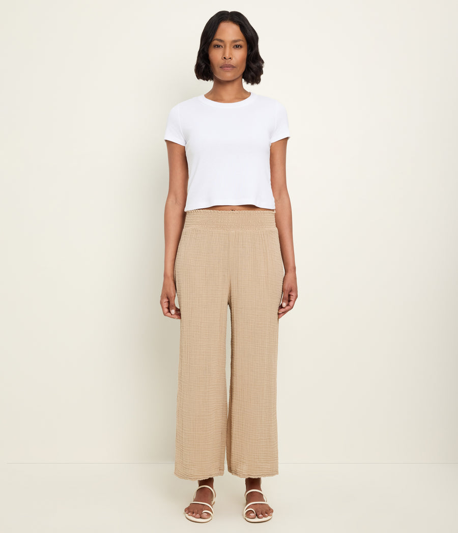 Medina Cropped Gauze Pant in Macadamia Beige Full Body View #MACADAMIA