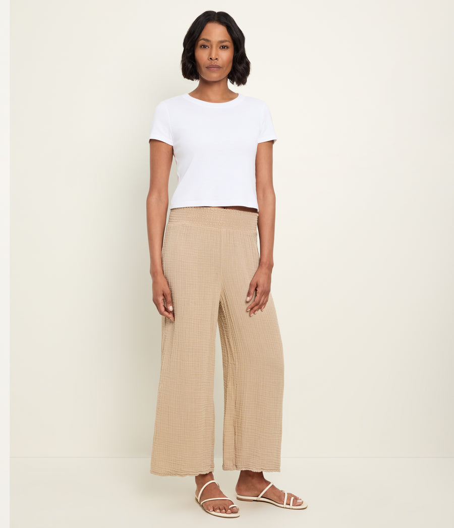 Medina Cropped Gauze Pant in Macadamia Beige Full Body View #MACADAMIA