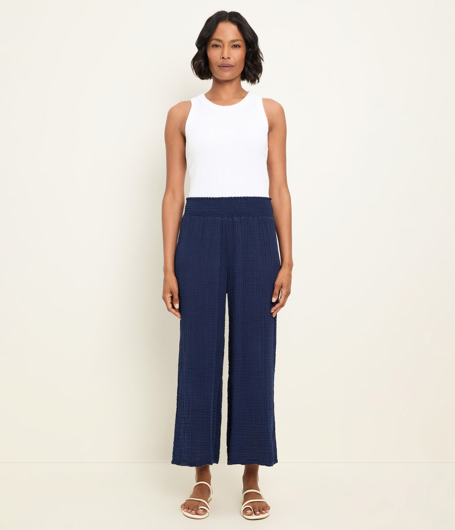 Medina Cropped Gauze Pant in Nocturnal Blue Close up View  #NOCTURNAL