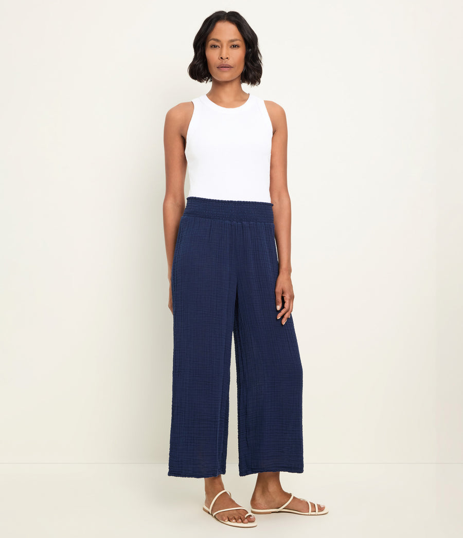 Medina Cropped Gauze Pant in Nocturnal Blue Full Body View #NOCTURNAL