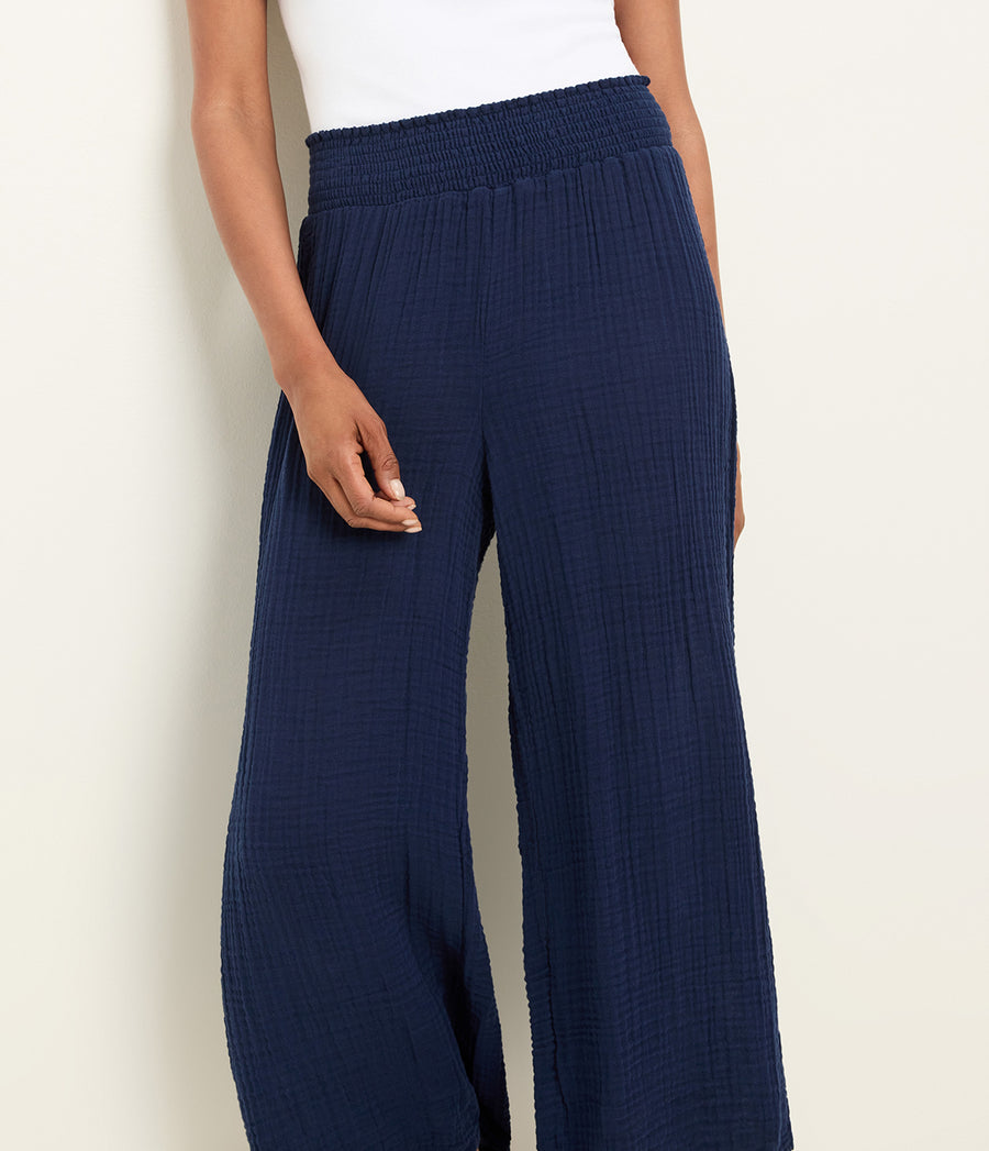 Medina Cropped Gauze Pant in Nocturnal Blue Close Up View #NOCTURNAL