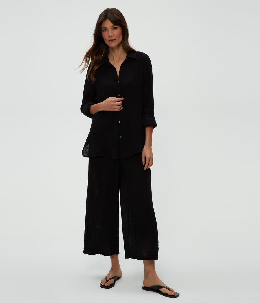 Medina Cropped Gauze Pant in Black  Close Up View #BLACK