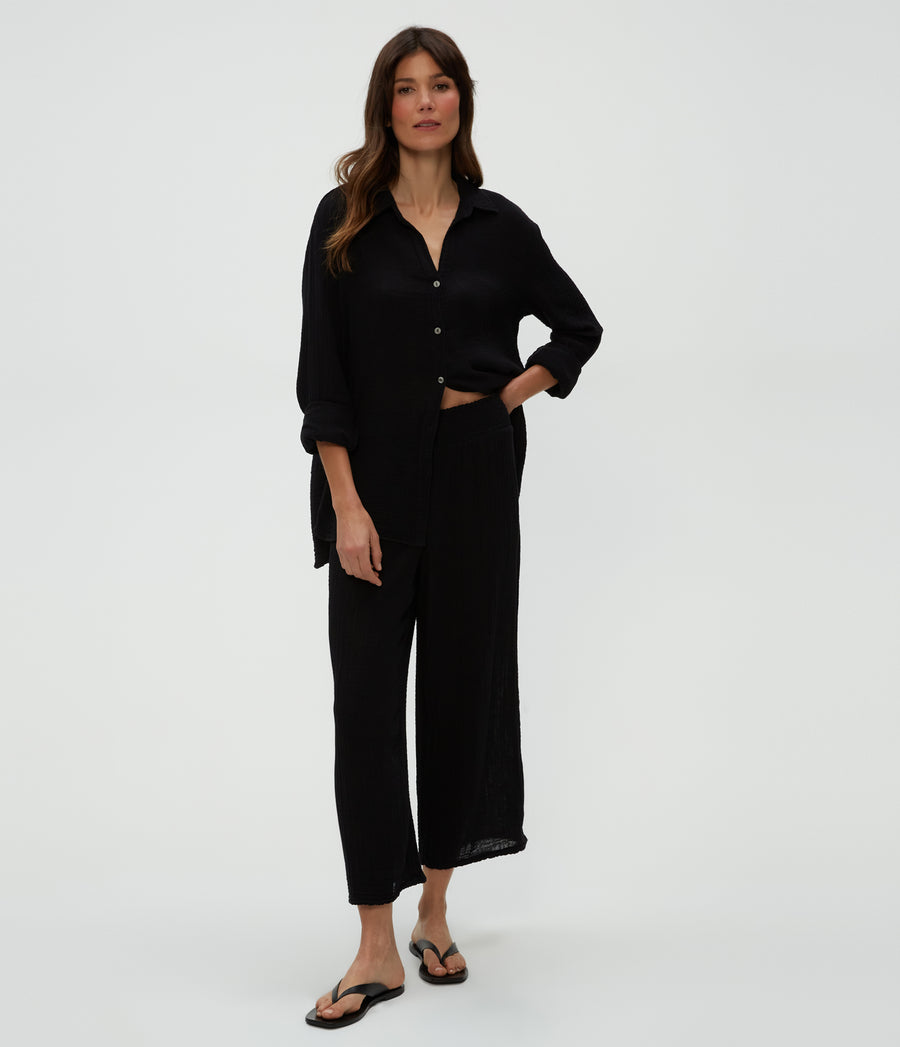 Medina Cropped Gauze Pant in Black  Full Body View #BLACK
