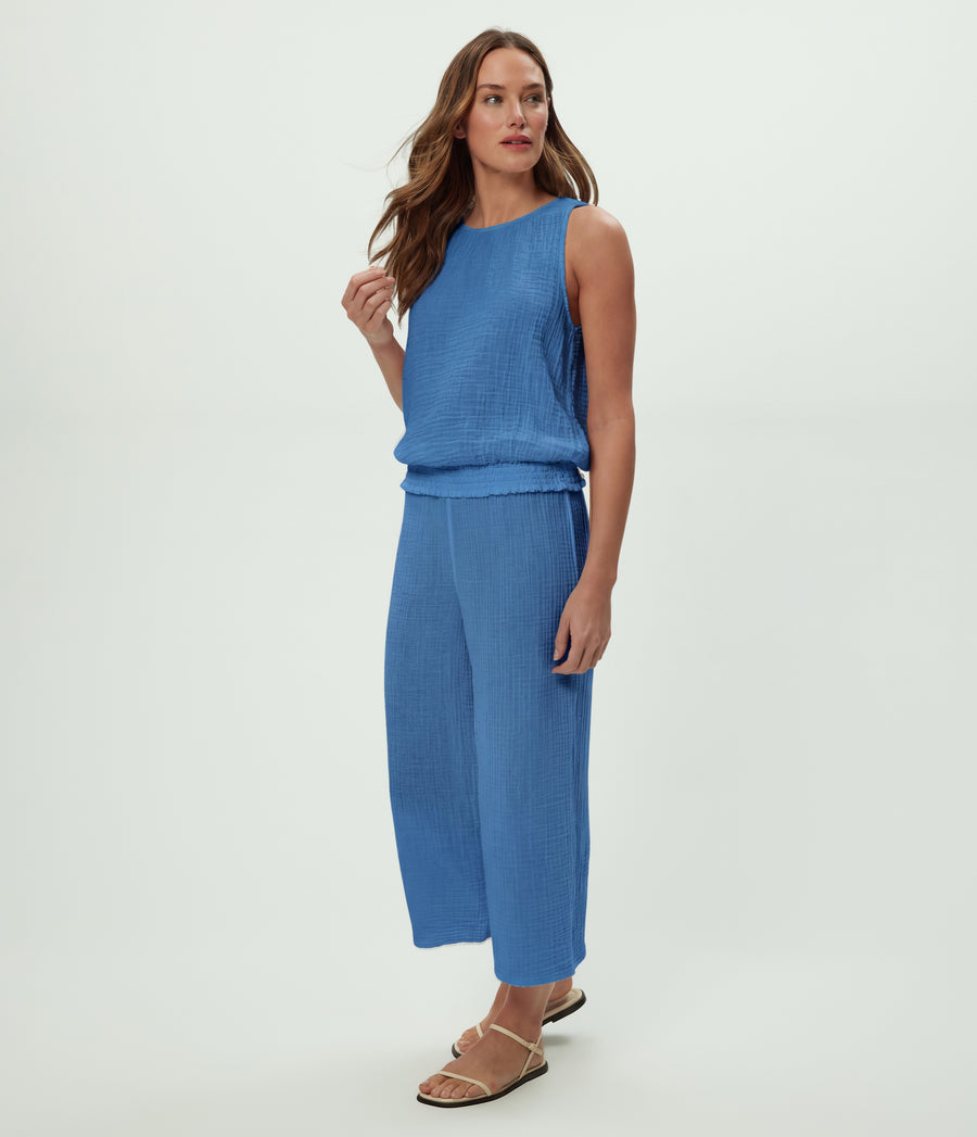 Medina Cropped Gauze Pant in Blue Ribbon Blue Full Body View #BLUE RIBBON