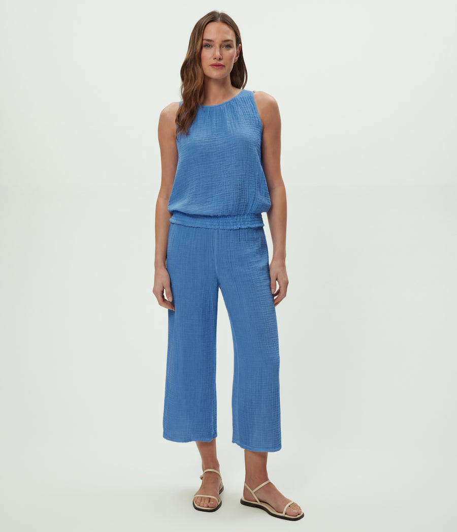 Medina Cropped Gauze Pant in Blue Ribbon Blue Full Body View #BLUE RIBBON