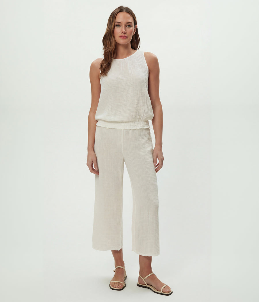 Medina Cropped Gauze Pant in Chalk White Full Body View #CHALK