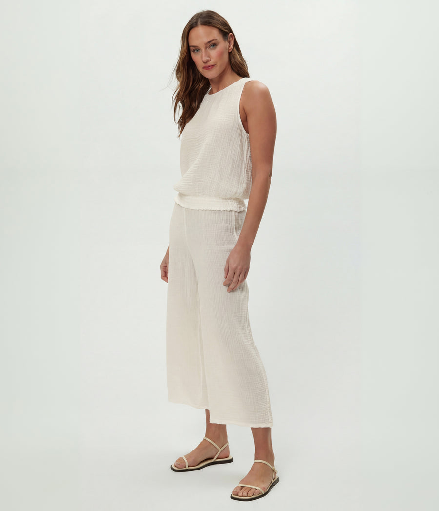 Medina Cropped Gauze Pant in Chalk White Close Up View #CHALK