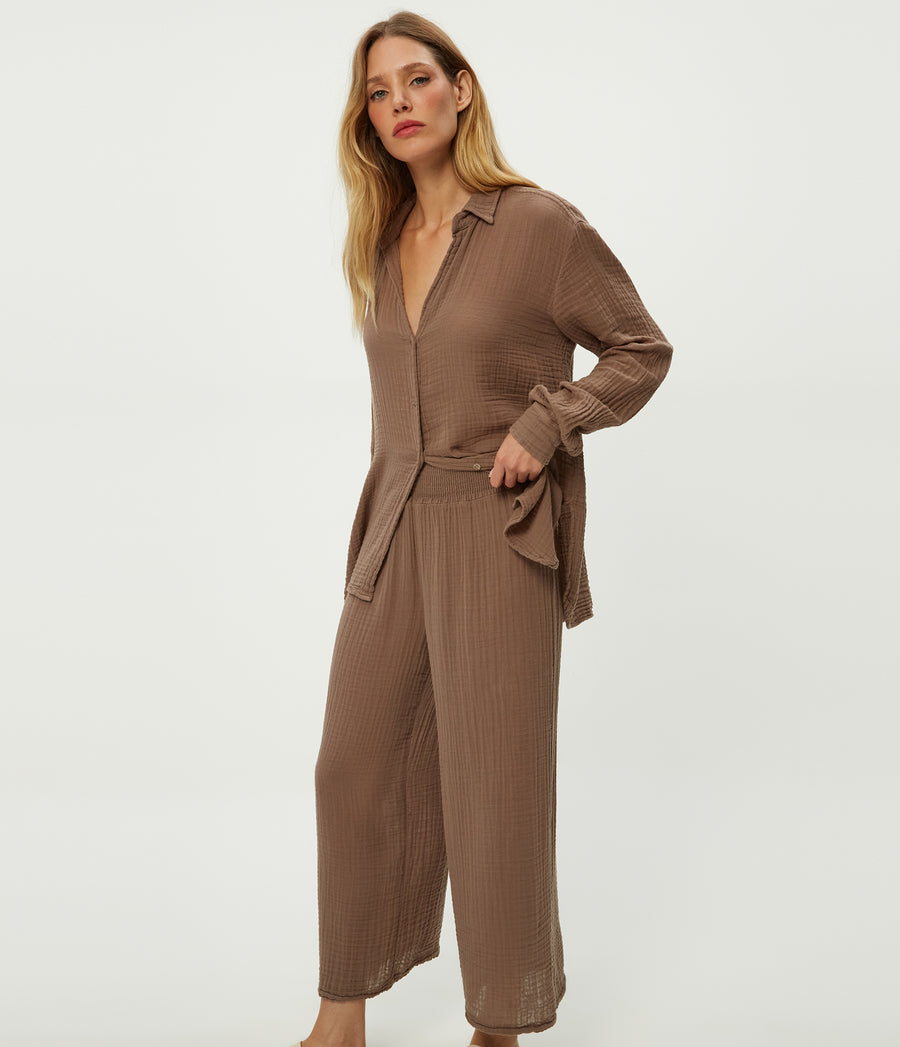 Medina Cropped Gauze Pant in Cobblestone  Full Body View #COBBLESTONE