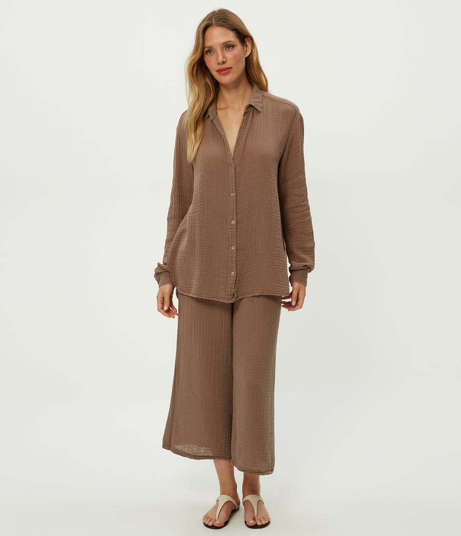 Medina Cropped Gauze Pant in Cobblestone Close Up View #COBBLESTONE