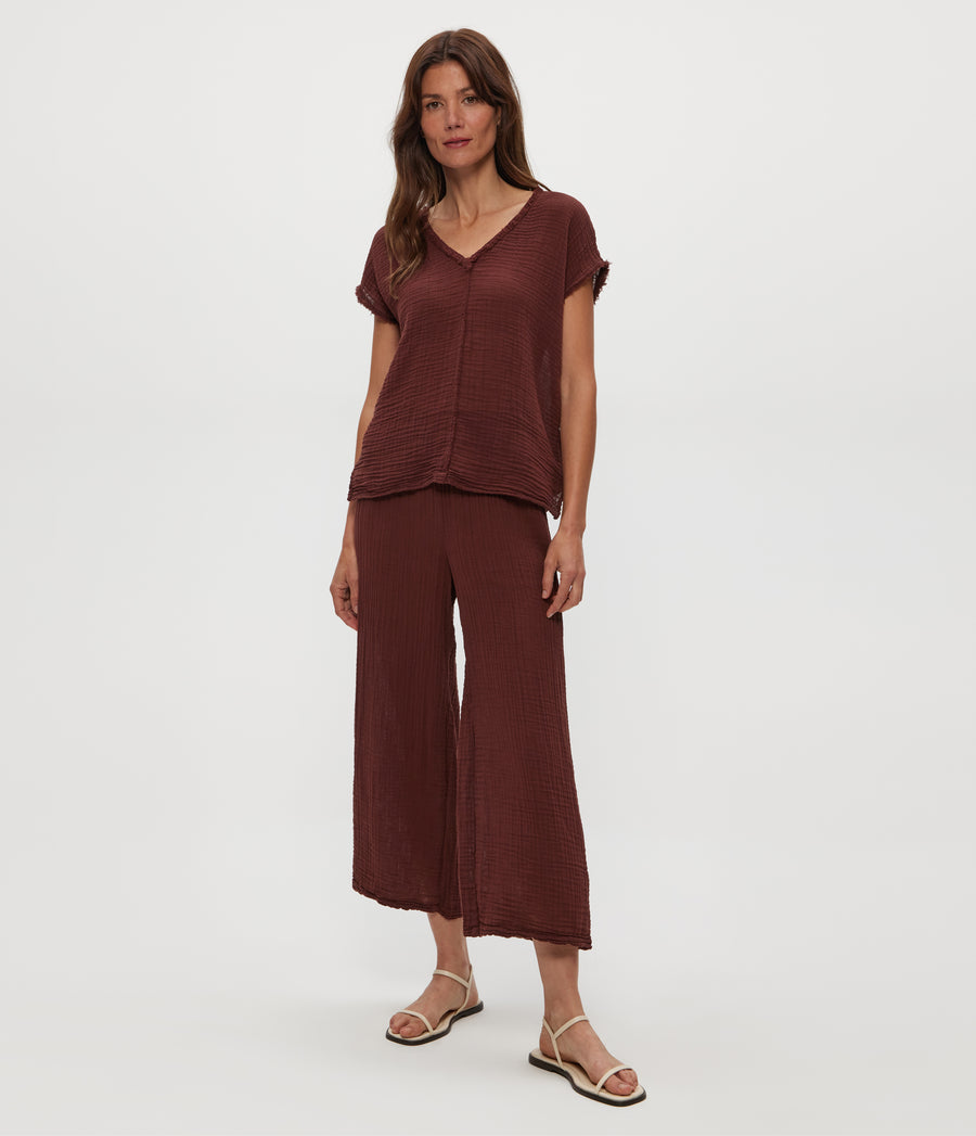 Medina Cropped Gauze Pant in ESPRESSO Brown Full Body View #ESPRESSO