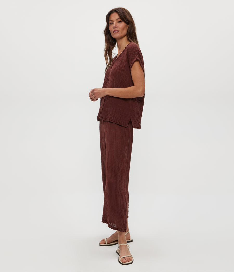 Medina Cropped Gauze Pant in ESPRESSO Brown Side View #ESPRESSO
