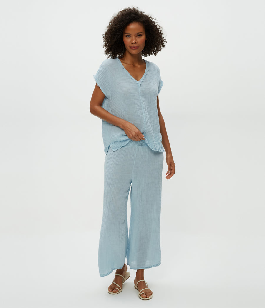 Medina Cropped Gauze Pant in Fountain Blue Full Body View #FOUNTAIN