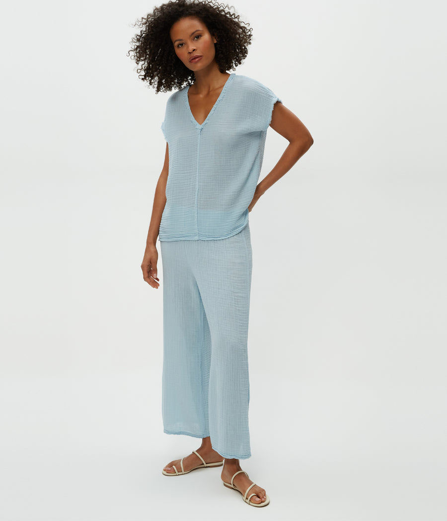 Medina Cropped Gauze Pant in Fountain Blue Side View #FOUNTAIN