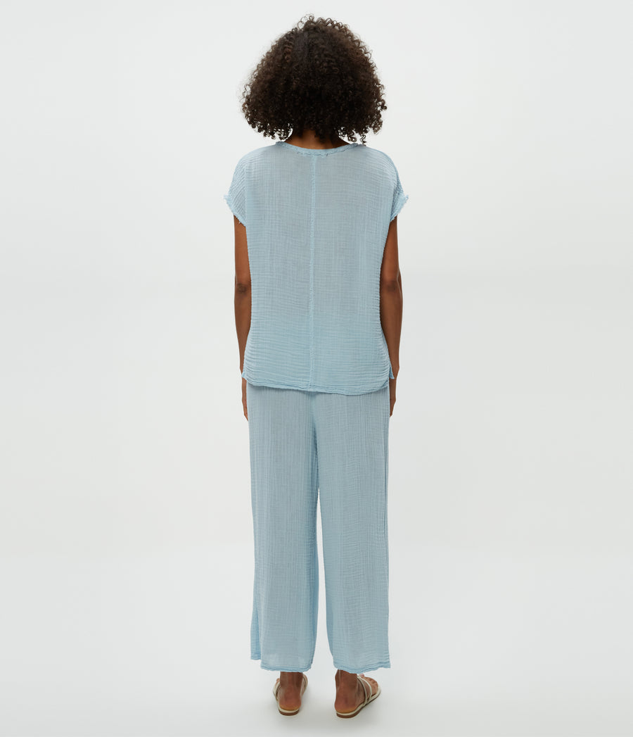 Medina Cropped Gauze Pant in Fountain Blue Back View #FOUNTAIN