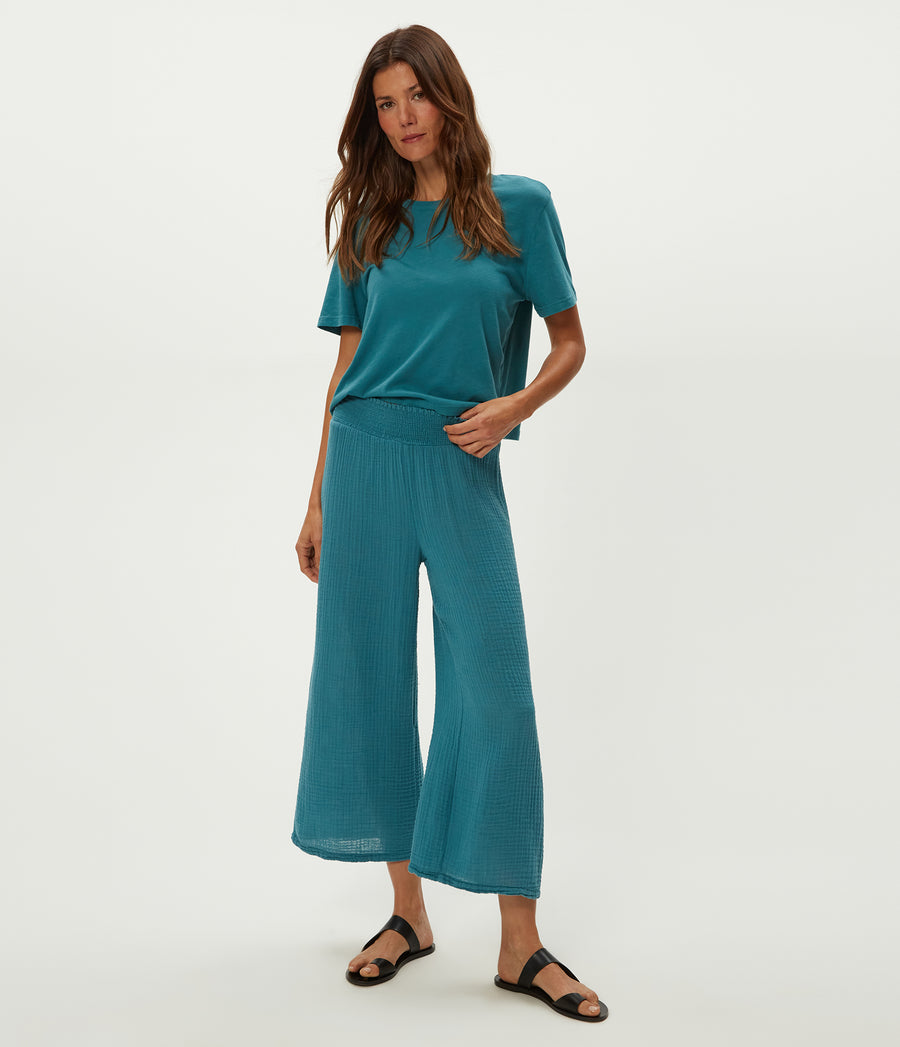 Medina Cropped Gauze Pant in GLAZE Blue Side View #GLAZE