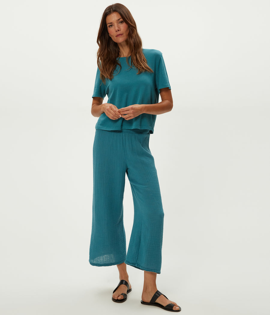 Medina Cropped Gauze Pant in GLAZE Blue Close Up View #GLAZE
