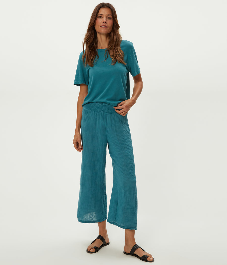 Medina Cropped Gauze Pant in GLAZE Blue Full Body View #GLAZE