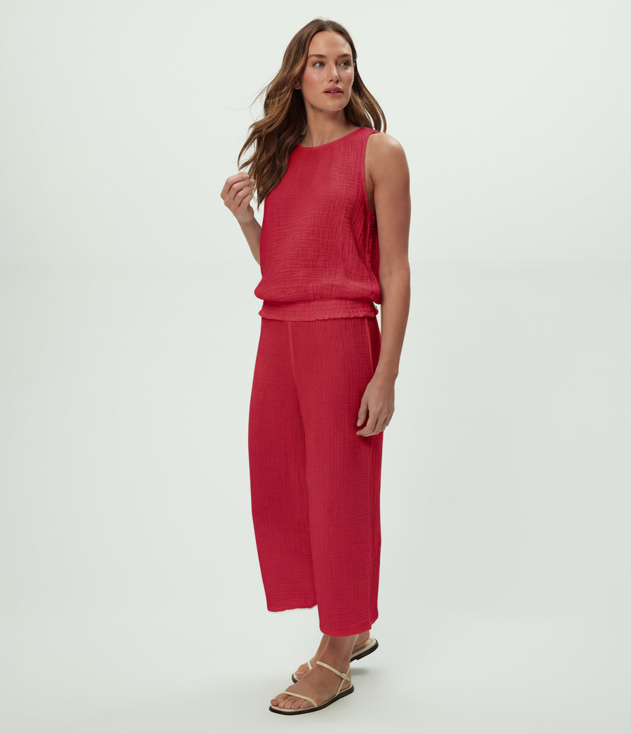 Medina Cropped Gauze Pant in Lacquer Red Full Body View #LACQUER