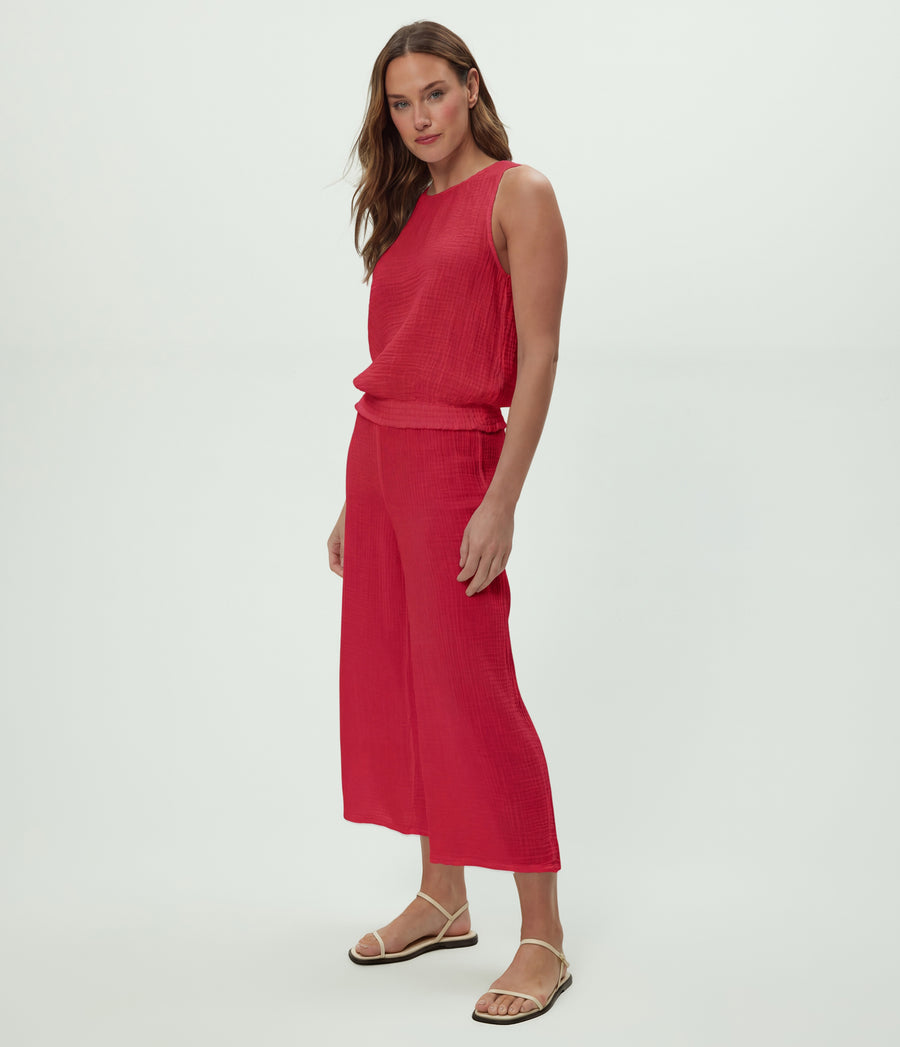 Medina Cropped Gauze Pant in Lacquer Red Side View #LACQUER