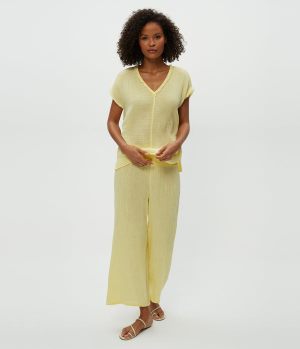 Medina Cropped Gauze Pant in Lemonade Yellow Close Up View #LEMONADE