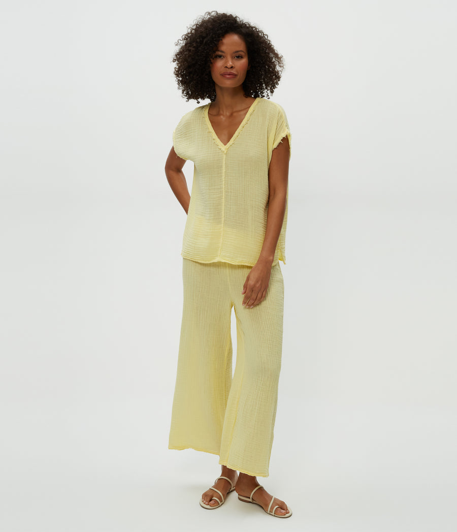 Medina Cropped Gauze Pant in Lemonade Yellow Full Body View #LEMONADE