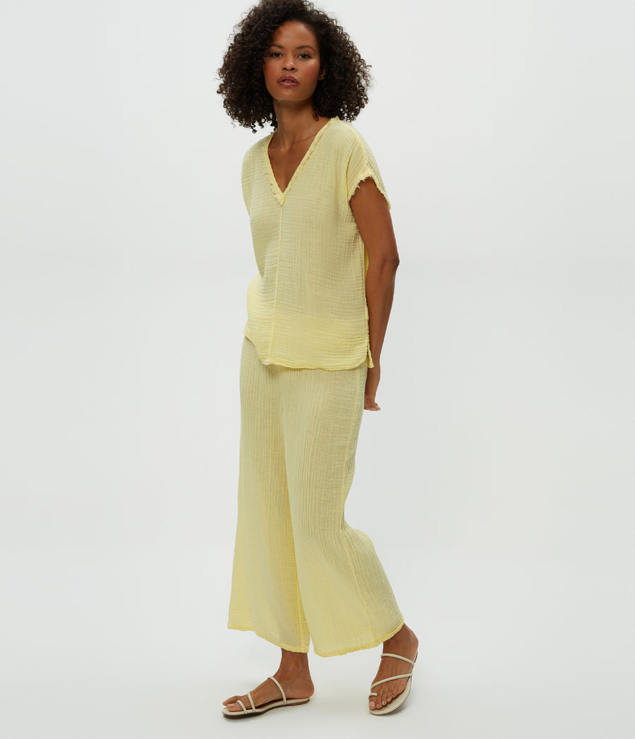 Medina Cropped Gauze Pant in Lemonade Yellow Side View #LEMONADE
