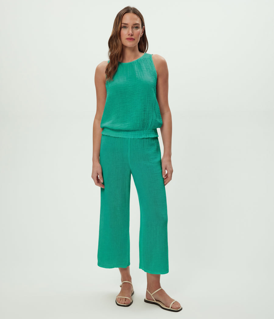 Medina Cropped Gauze Pant in Maldives Green Full Body View #MALDIVES
