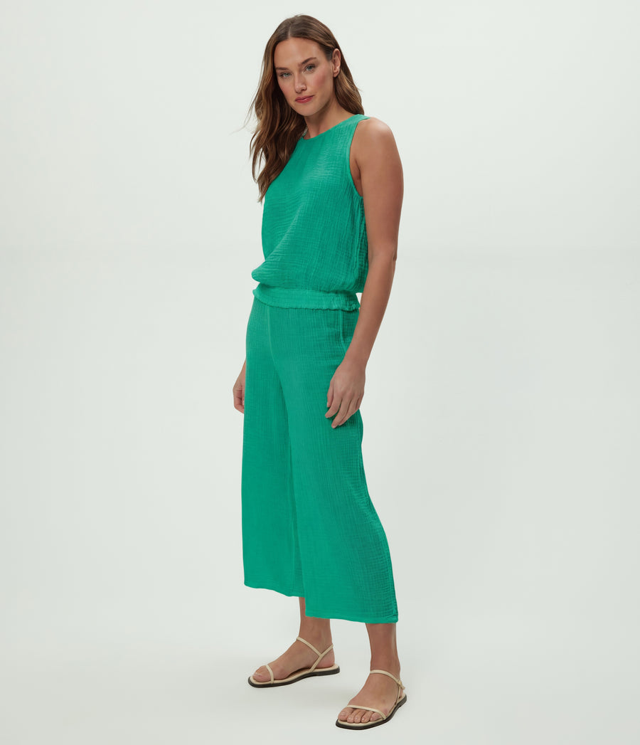 Medina Cropped Gauze Pant in Maldives Green Full Body View #MALDIVES