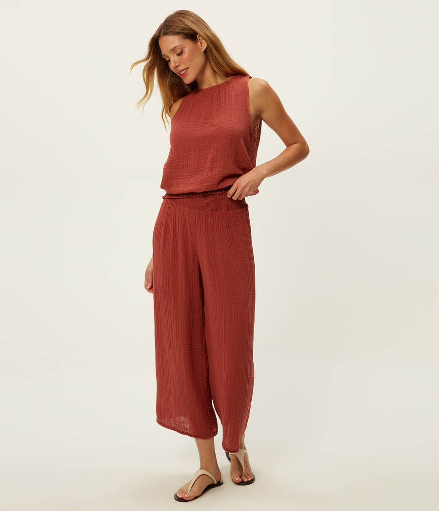 Medina Cropped Gauze Pant in MUSE ORANGE Combo Full Body View #MUSE