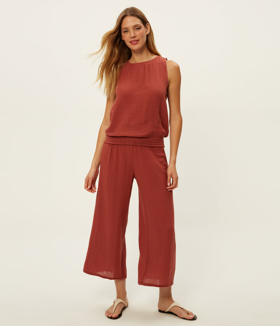Medina Cropped Gauze Pant in MUSE ORANGE Combo Close up View #MUSE