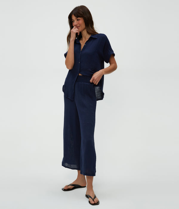 Medina Cropped Gauze Pant in Nocturnal Blue Close Up View #NOCTURNAL