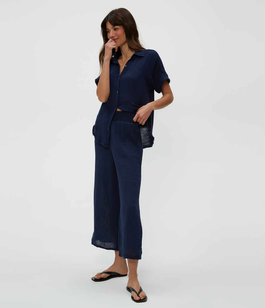 Medina Cropped Gauze Pant in Nocturnal Blue Close Up View #NOCTURNAL
